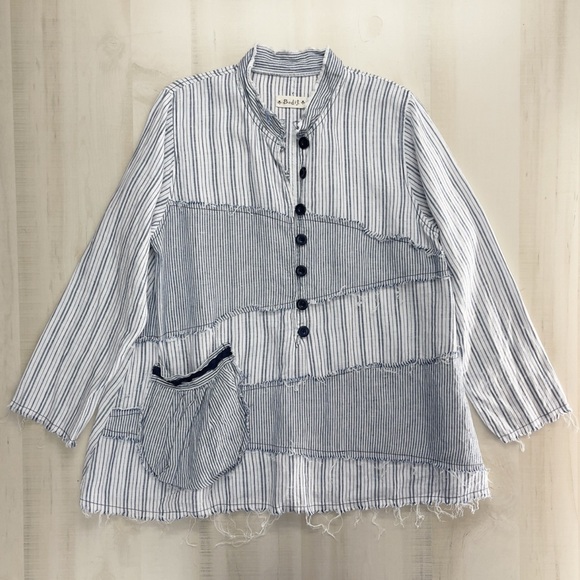 BODIL striped patchwork pocket tunic top blouse lagenlook linen blue XL art work - Picture 5 of 9